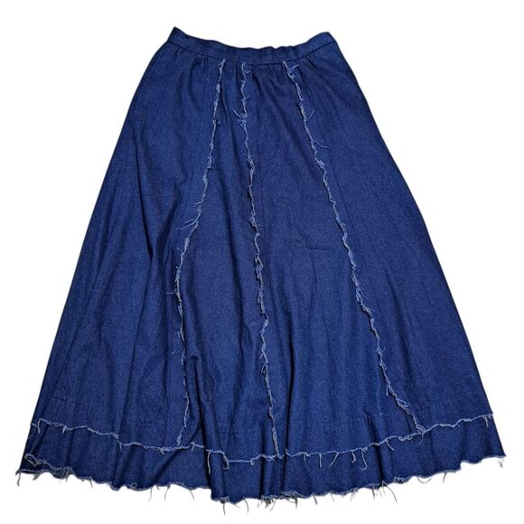 Vintage Liz E Parker Old West Praire Boho Denim Frayed Maxi Skirt Texas Sz 12 - Picture 3 of 15